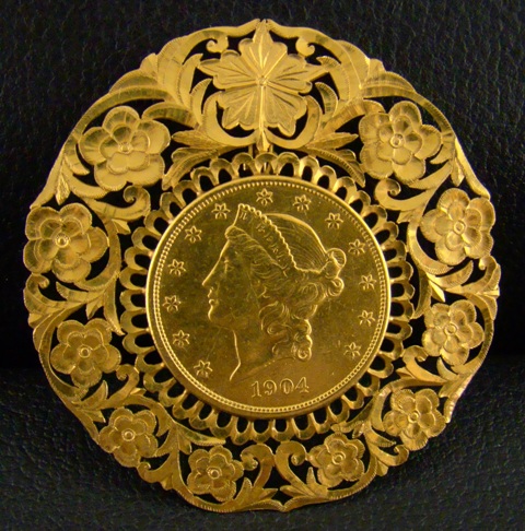 (image for) THE ANTIQUE ORIGINAL AMERICAN GOLD COIN BROOCH